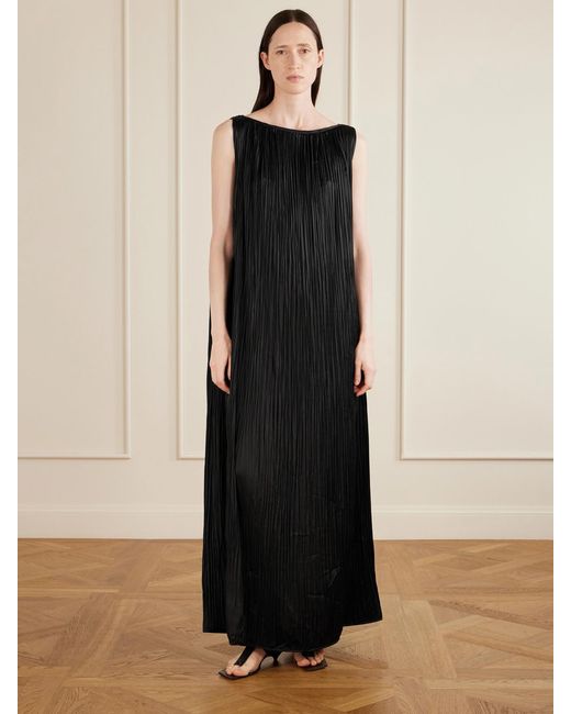 Aflalo Black Celestia Plissé-Satin Maxi Dress