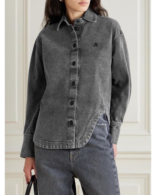 The Attico Gray Eliza Asymmetric Embroidered Denim Shirt
