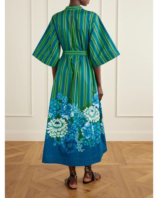 ALÉMAIS Green Margo Belted Striped Floral-Print Organic Cotton-Poplin Midi Dress