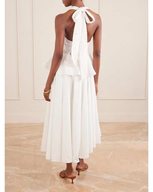 Self-Portrait White Belted Embroidered Linen And Cotton-Blend Peplum Top