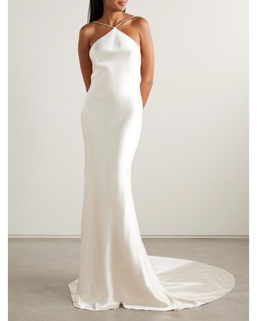 Danielle Frankel White Mari Convertible Cape-Effect Silk And Wool-Blend Satin And Silk-Crepon Gown
