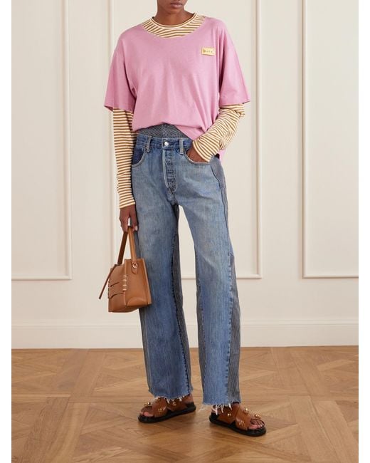 Marni Pink Appliquéd Striped Linen And Cotton-Blend T-Shirt
