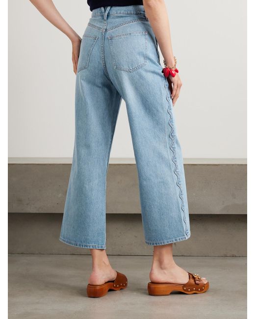 Veronica Beard Blue Taylor Cropped Scalloped High-Rise Wide-Leg Jeans