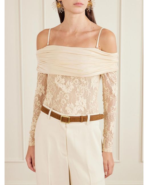 Zimmermann Natural Off-The-Shoulder Ruched Jersey And Stretch-Lace Bodysuit
