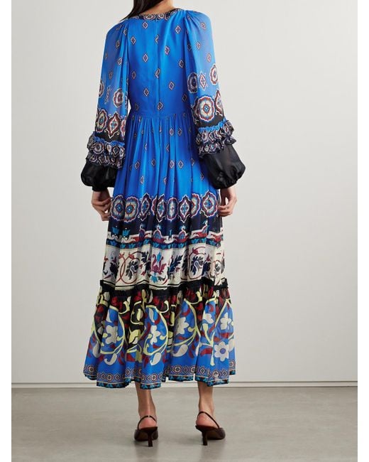Robe Longue En Georgette Imprimée À Fronces Ainika Farm Rio en coloris Blue