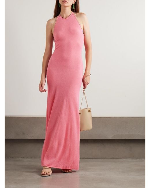 Christopher Esber Pink Embellished Cotton-Blend Bouclé Halterneck Maxi Dress