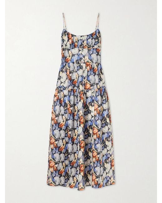 Doen White Benoit Tiered Gathered Floral-Print Ramie Midi Dress
