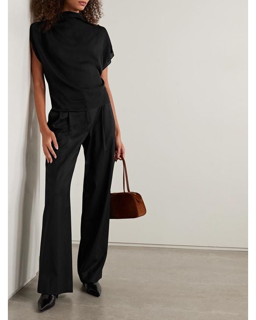 Twp Black Sulli Satin-Trimmed Pleated Wool-Blend Twill Wide-Leg Pants