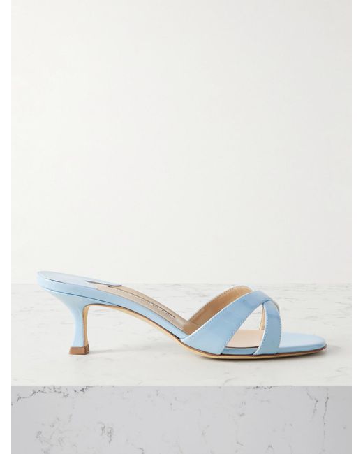 Manolo Blahnik White Callamu 50 Patent-Leather Mules