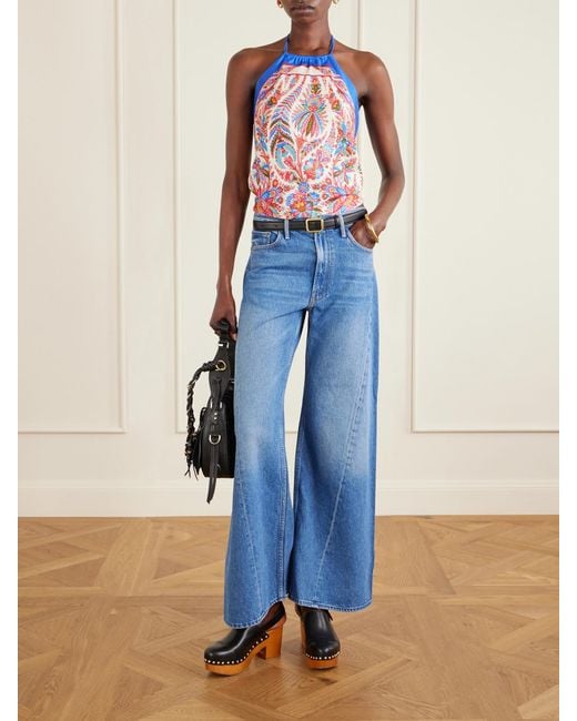 Etro Blue Cropped Printed Silk-Satin Halterneck Top
