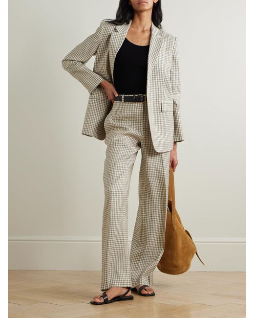 Theory White Checked Linen-Blend Wide-Leg Pants