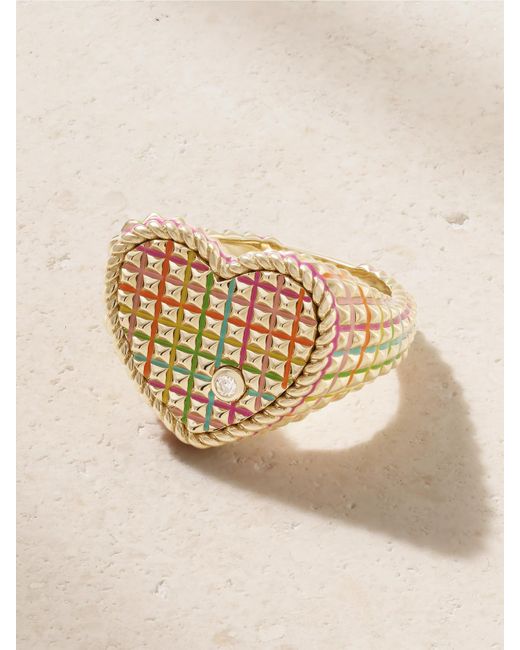 Yvonne Léon Natural Chevaliere Coeur 9-Karat, Diamond And Enamel Ring