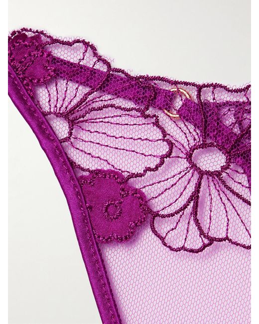 Kiki de Montparnasse Purple Satin-Trimmed Appliquéd Embroidered Tulle Thong