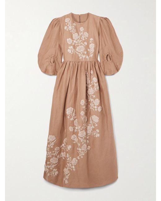 Agua Bendita Natural Raquel Embroidered Linen Maxi Dress