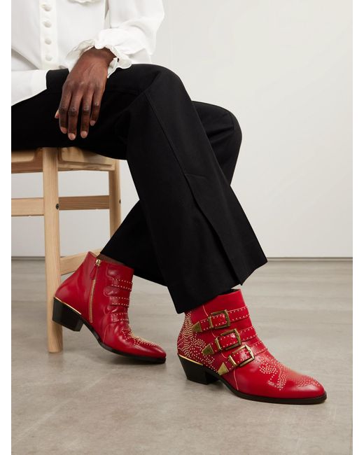 Chloé Red Susanna Ankle Boots Aus Leder Mit Nieten