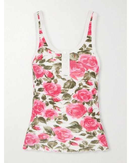 Chloé Pink Floral-Print Ribbed Stretch-Cotton Jersey Tank
