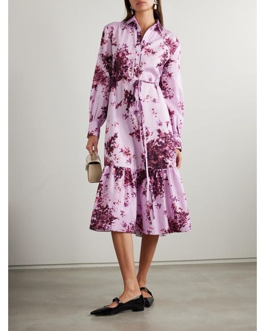 Erdem Purple Belted Tiered Floral-Print Cotton Midi Dress