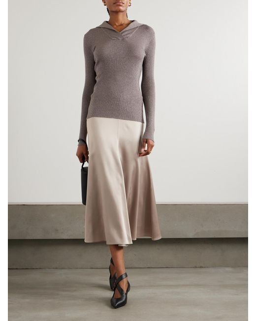 Brunello Cucinelli Brown Ribbed Metallic Cashmere And Silk-Blend Top