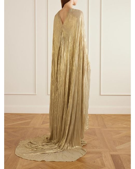 Marmar Halim Natural Cape-Effect Plissé Metallic-Satin Gown