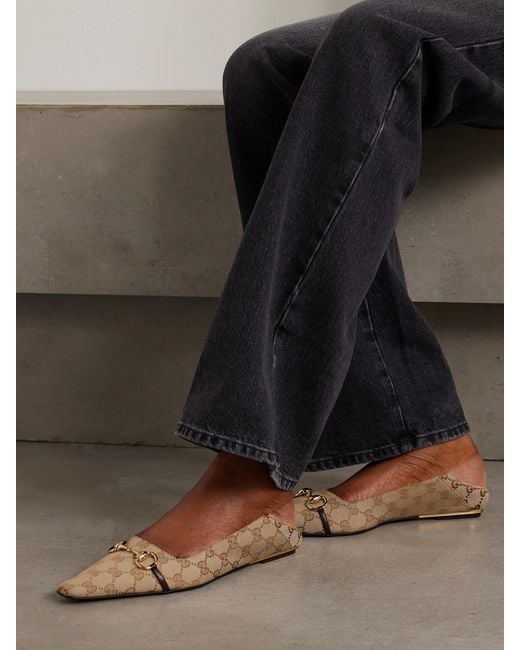 Gucci Natural Vittoria Horsebit-Detailed Leather-Trimmed Canvas-Jacquard Ballet Flats