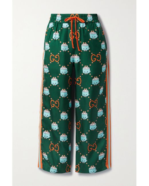 Gucci Kawaii Cropped Webbingtrimmed Printed Silktwill Straightleg