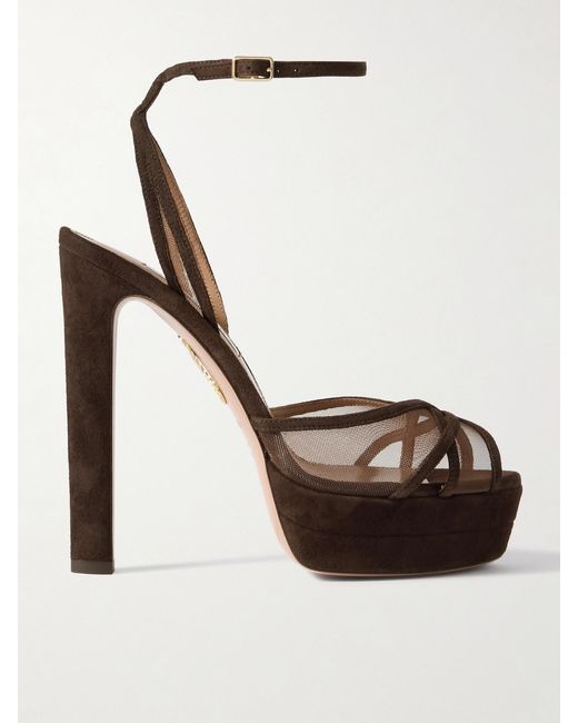 Aquazzura Brown Shear Plateau 130 Suede-Trimmed Mesh Platform Sandals