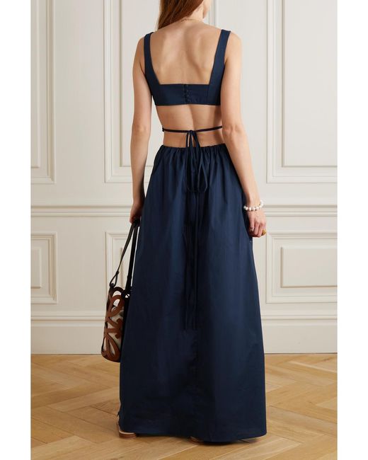 Agua Bendita Blue Peonia Bead-Embellished Cutout Cotton-Poplin Maxi Dress