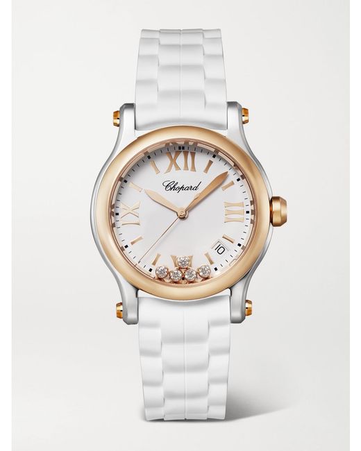 Chopard White Happy Sport 36Mm 18-Karat Rose, Stainless Steel And Diamond Watch