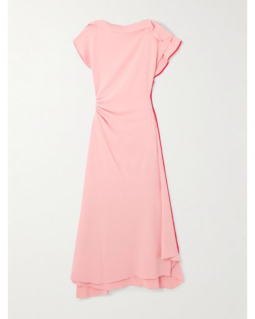 Victoria Beckham Pink Asymmetric Ruffled Gathered Crepe Midi Dress