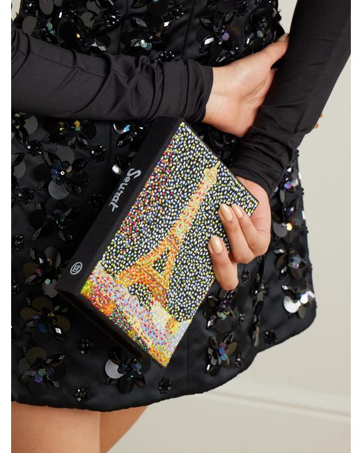 Olympia Le-Tan Black Eiffel Tower Seurat Embroidered Appliquéd Canvas Clutch