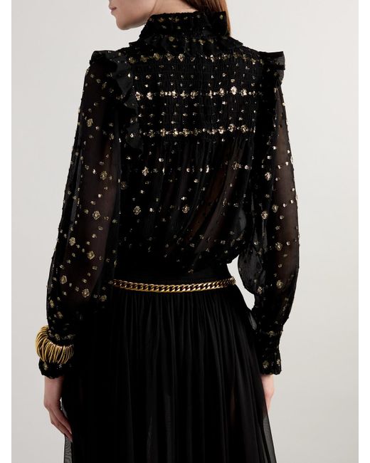 Blouse En Crépon De Soie Mélangée À Fil Coupé Métallisé, Volants Et Smocks Saint Laurent en coloris Black