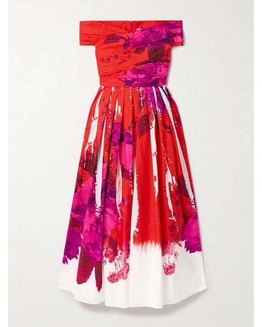 Erdem Red Off-The-Shoulder Pleated Printed Cotton-Faille Midi Dress