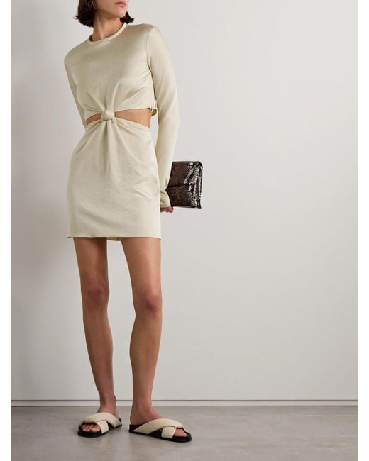 Nanushka Natural Tazia Cutout Faux Leather-Trimmed Hammered-Satin Mini Dress