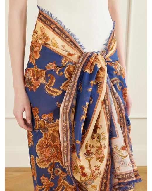 Zimmermann Blue Frayed Printed Cotton Pareo