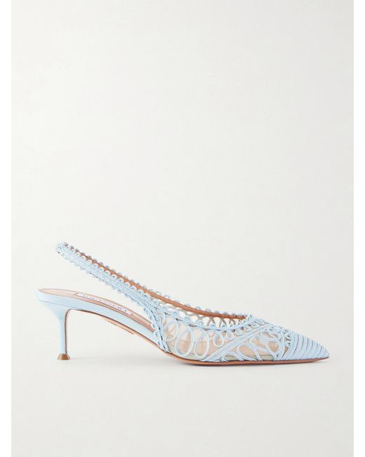 Aquazzura White Kahlo 50 Embroidered Leather-Trimmed Mesh Slingback Pumps