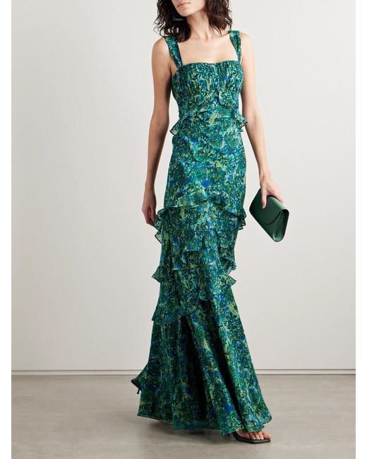 Saloni Chandra Ruffled Printed Silk-Georgette Maxi Dress in Green | Lyst