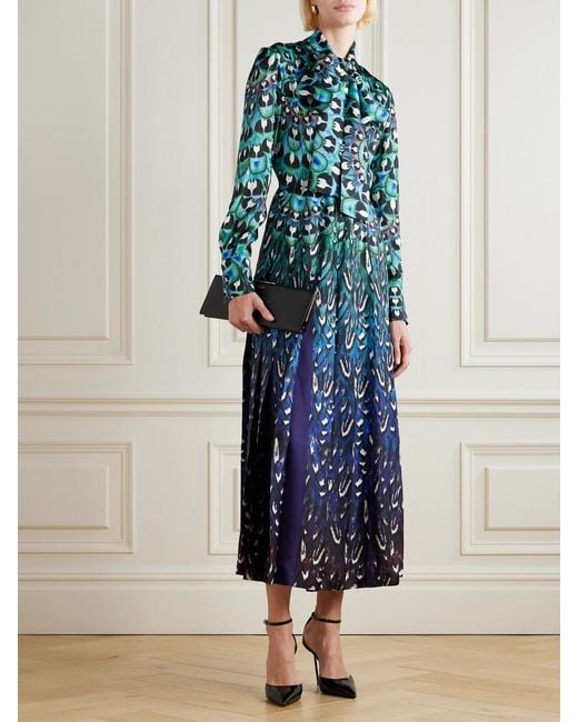 Mary Katrantzou Blue Alexis Pussy-Bow Pleated Printed Satin Midi Dress