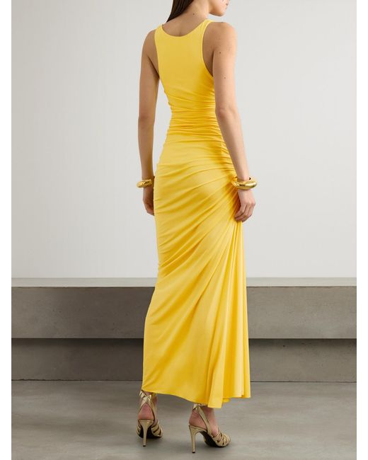 Alaïa Yellow Gathered Stretch-Jersey Midi Dress