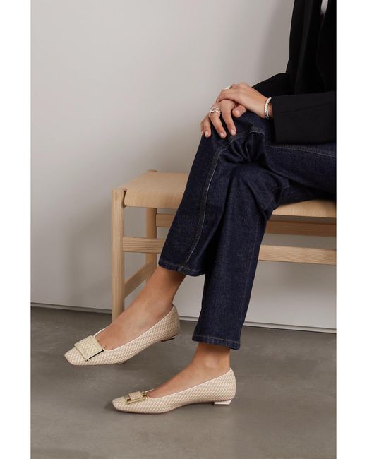 Roger Vivier Natural Belle Vivier Embellished Canvas Flats