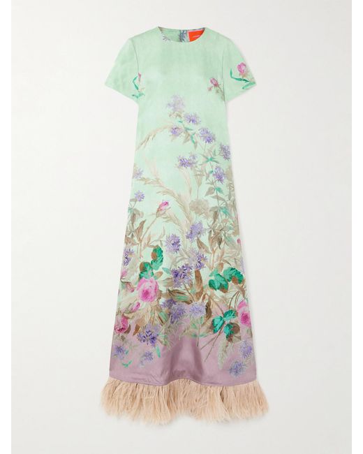 LaDoubleJ Green Feather-Trimmed Floral-Print Silk-Twill Maxi Dress