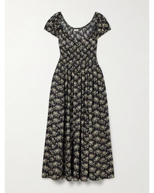 Doen Black Quinley Shirred Floral-Print Organic Cotton-Voile Midi Dress
