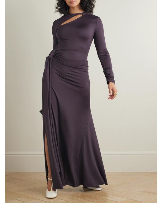 Victoria Beckham Purple Tie-Detailed Gathered Cut-Out Stretch-Jersey Gown