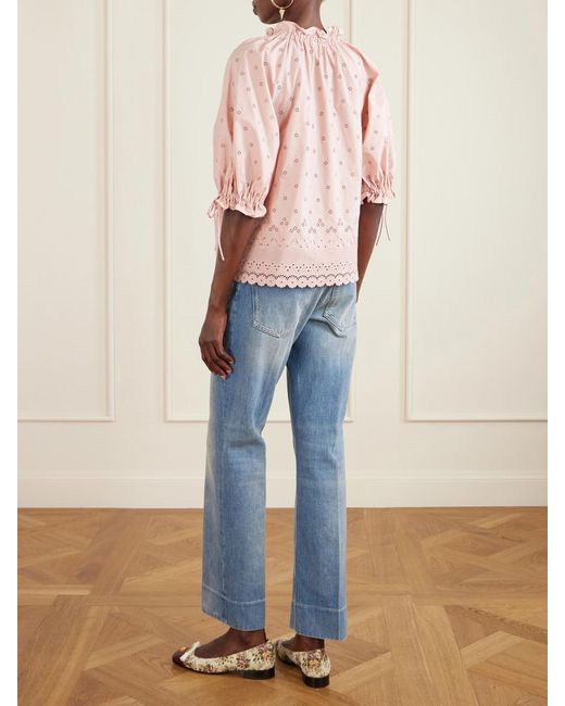 Valentino Garavani Pink Tie-Detailed Gathered Broderie Anglaise Cotton Blouse