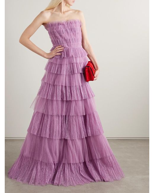 Costarellos Purple Trissa Strapless Tiered Plissé-Tulle And Chantilly Lace Gown