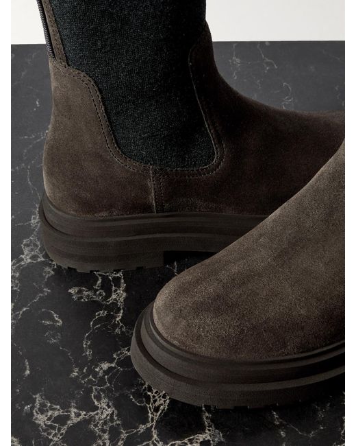 Brunello Cucinelli Black Bead-Embellished Knit-Trimmed Suede Chelsea Boots
