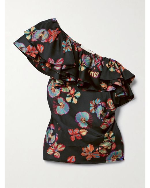 Ulla Johnson Black Adaleigh Asymmetrisches Oberteil Aus Glänzendem Seiden-Twill Mit Blumenprint