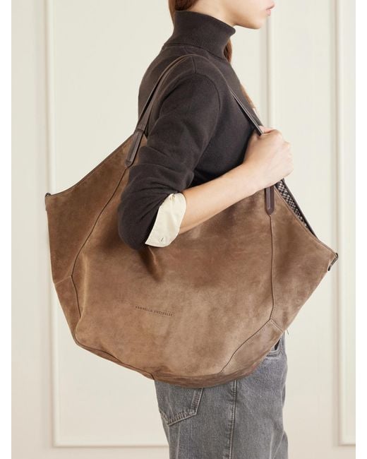 Brunello Cucinelli Brown Bead-Embellished Reversible Suede Shoulder Bag
