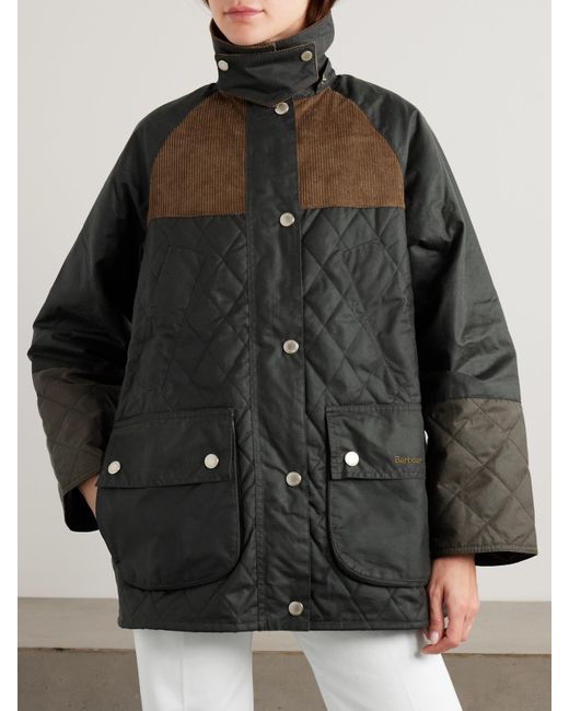Barbour Gray Imelda Hooded Corduroy-Trimmed Waxed-Cotton And Quilted Shell Jacket