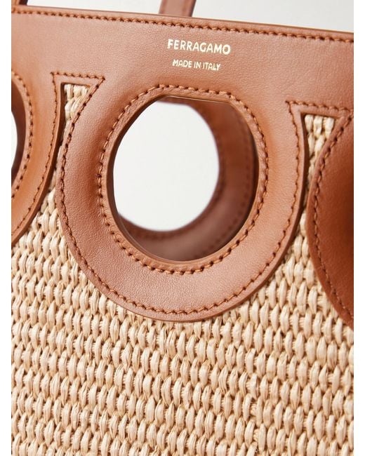 Ferragamo Natural Tt Gancio Small Leather-Trimmed Raffia Tote Bag