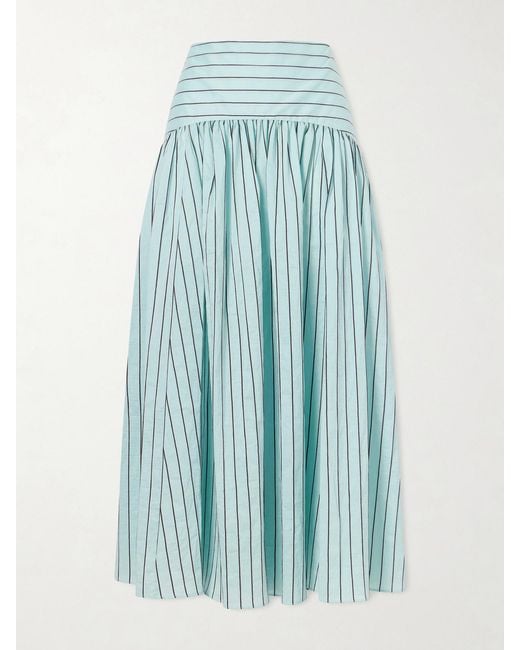 Staud Blue Procida Pleated Striped Cotton-Blend Poplin Midi Skirt
